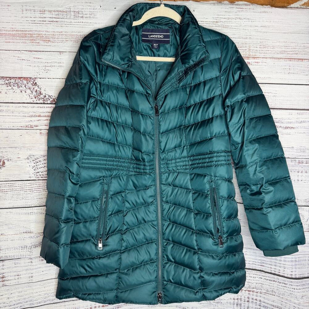 Lands’ End Women’s Medium Petite Down Puffer Coat Teal Green Quilted Winter